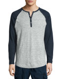 Colorblock Raglan-Sleeve Linen Henley T-Shirt, Heather Gray