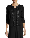 3/4-Sleeve Embellished Silk/Cashmere Cardigan, Black