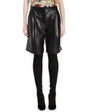 Pleated-Front Leather Shorts, Black