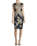 Short-Sleeve Embroidered Cocktail Dress, Navy/Gold