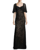 Lace Sweetheart Cape Gown, Black/Nude