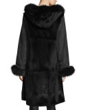 Hooded Silk Fur-Trim Coat, Black 