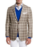 Plaid Cashmere-Silk Three-Button Sport Coat, Tan/Crème