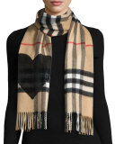 Giant Check Sequin Heart Cashmere Scarf, Camel/Black