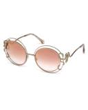 Round Open-Inset Snake Sunglasses, Gold/Brown