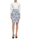 Toile de Jouy Pencil Skirt, Navy/White