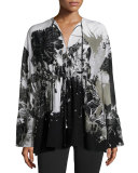 Long-Sleeve Floral-Print Caftan, Black/White