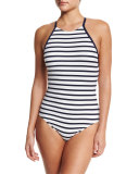 High-Neck Striped One-Piece Swimsuit 