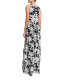 Sleeveless Crewneck Floral Chiffon Gown, Black/White