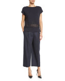 Short-Sleeve Metallic Eyelet Sweater, Ink Metallic
