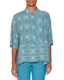 Half-Sleeve Tile-Print Kabuki Top, Teal