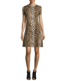 Short-Sleeve Leopard-Print Dress, Black/Camel