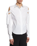 Tied Cold-Shoulder Oxford Blouse, White