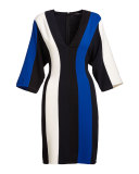 Batwing-Sleeve Colorblock V-Neck Dress, Blue/Multi
