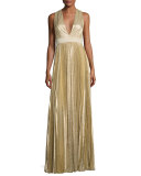 Sleeveless Pleated Metallic Gown, Light Gold