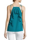 Nete Embroidered Ruffle Tie-Strap Tank, Teal