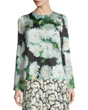 Bell-Sleeve Floral-Print Blouse, White Dahlia
