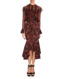 Long-Sleeve Floral-Print Poet Blouse, Red