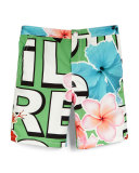 Hibiscus & Script Swim Shorts, Green/Multicolor, Size 8-12