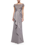 Short-Sleeve Lace-Bodice Drape-Skirt Gown