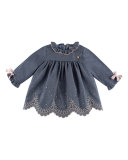 Chambray Scallop-Embroidered Shift Dress, Blue, Size 12M-4