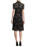 Short-Sleeve Pleated Floral-Print A-Line Dress, Nero