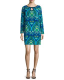 Long-Sleeve Keyhole Printed Shift Dress, Multi