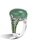 Batu Classic Chain Silver Ring with Oval Green Jade, Size 7