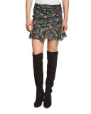 Violet Floral Silk Ruffle Mini Skirt, Black/Multicolor