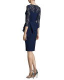 Lace-Sleeve Peplum Cocktail Dress, Navy