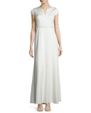 Crepe Back Belted Satin Gown, White