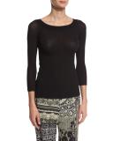 3/4-Sleeve Boat-Neck Tulle Tee, Black