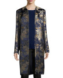 Cora Brocade Long Open Coat, Petrol/Multi