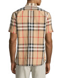 Linen-Blend Exploded Check Short-Sleeve Shirt, Camel