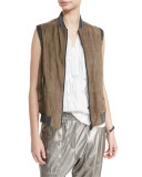 Suede Monili-Trim Bomber Vest, Olive