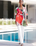 Short-Sleeve Tropical Orchid-Print Caftan, Plus Size