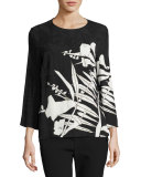 Leaf-Print 3/4-Sleeve Tunic, Black/Multi