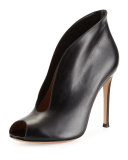 Leather V-Neck Peep-Toe Bootie, Black