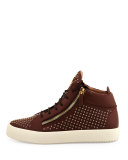 Leather Mid-Top Sneaker with Eyelets, Brown