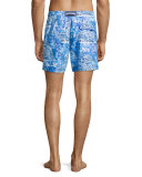Moorea Hotel-Print Swim Trunks, Blue Pattern
