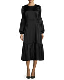 Ruched-Waist Flounce Midi Dress, Black