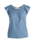 The Flutter Sleeve Embroidered Denim Top, Light Blue