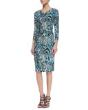 3/4-Sleeve Snake-Print Sheath Dress