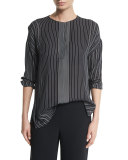 Striped Silk Long-Sleeve Top, Black/Chalk