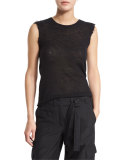 Sleeveless Mesh Raw-Edge Cashmere Tee, Black