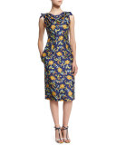 Sleeveless Cowl-Neck Printed Sheath Dress, Marine Blue