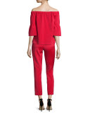 Stretch Faille Boxy Off-the-Shoulder Top, Cadmium Red