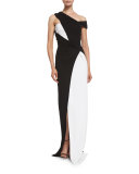 Colorblock Draped One-Shoulder Gown, Black/White