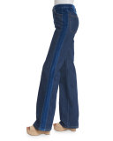 High-Rise Velvet-Trim Jeans, Washed Indigo