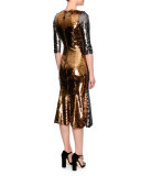 Sequined Half-Sleeve Midi Dress, Pewter/Gold